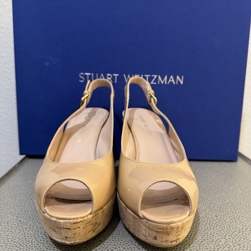 STUART WEITZMAN AUTH $399 Women Beige Patent Leather Jean Wedge Sandals Size 9 M - Picture 7 of 16